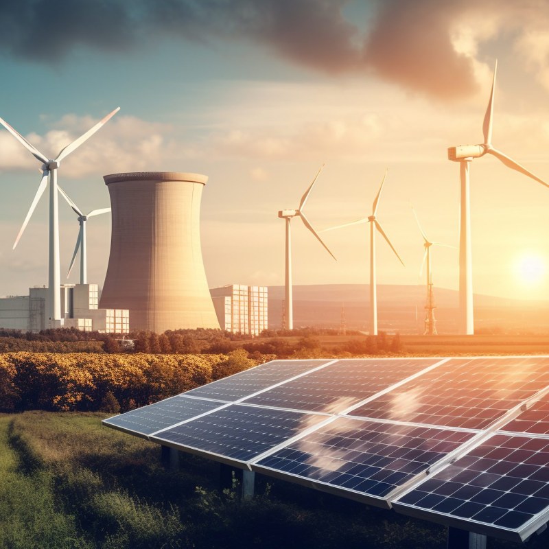 Sunset sky powers wind and solar energy generated by AI